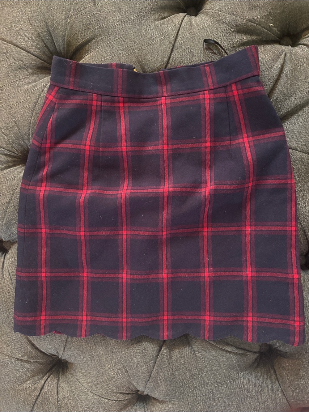 Red and Navy Plaid Pencil Skirt with scalloped hem and gold zipper detail